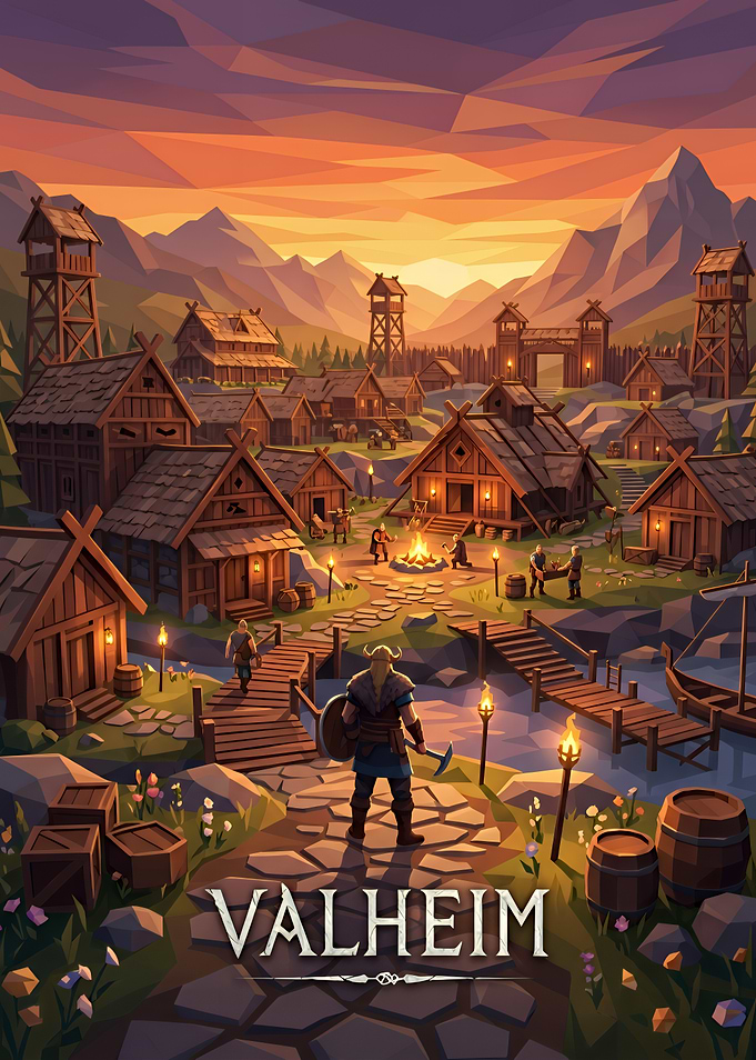Valheim Viking Village Sunset Landscape