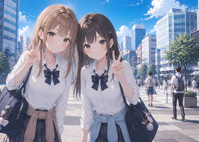 Two Anime Schoolgirls in City