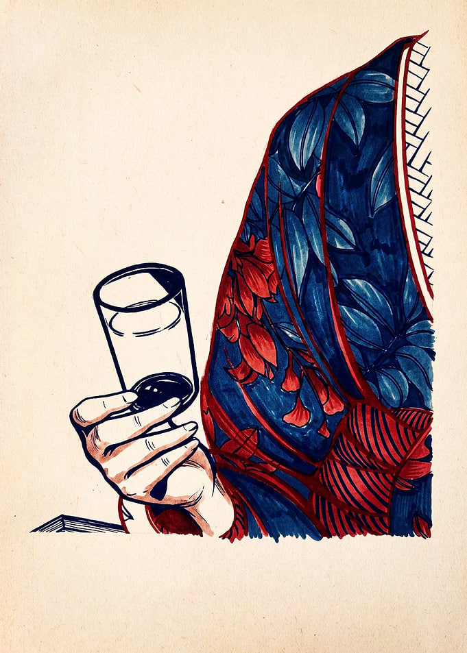 Person in Floral Kimono Holding Glass