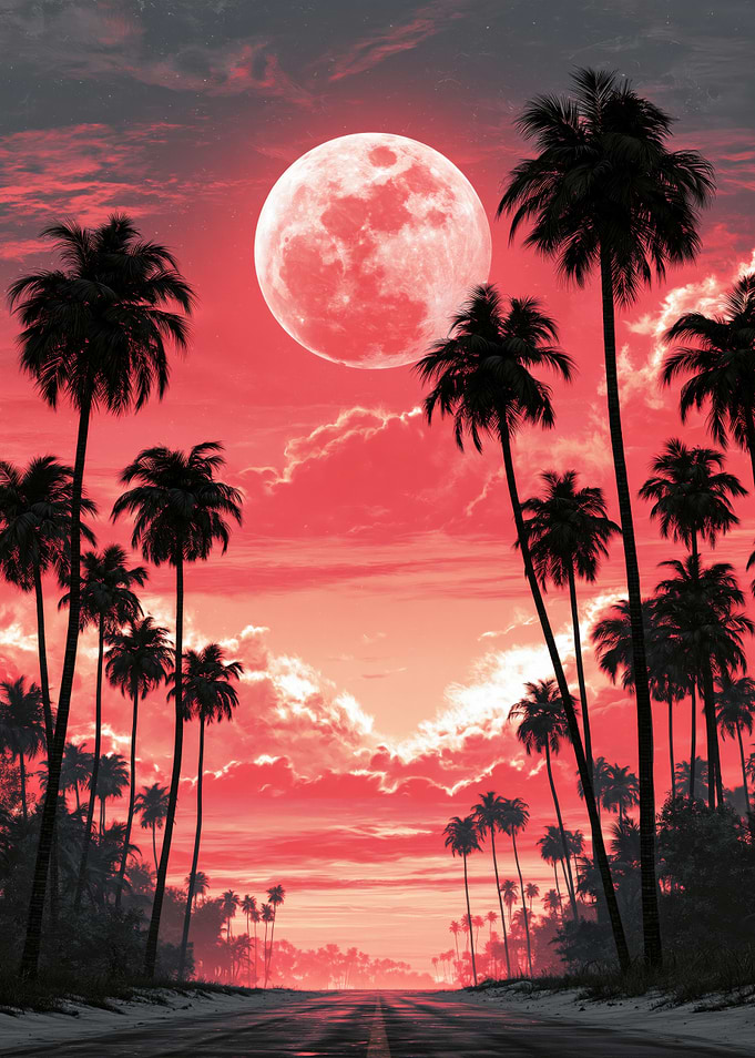 Red Moon Over Tropical Road