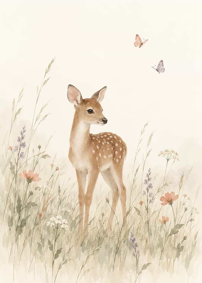 Watercolor Fawn in Wildflower Meadow