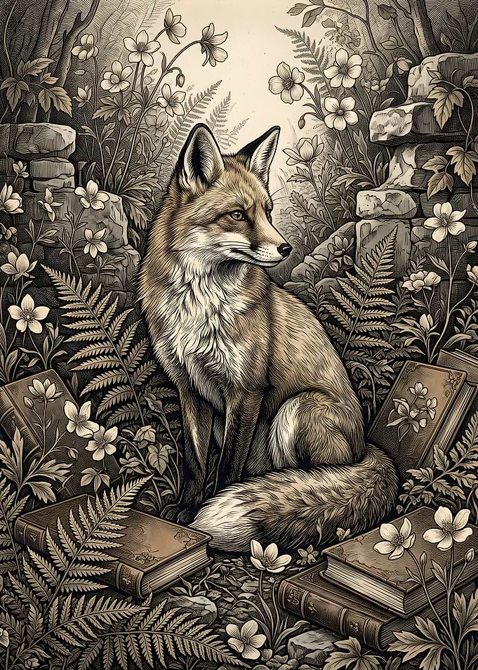 Fox Sitting Among Books and Ferns