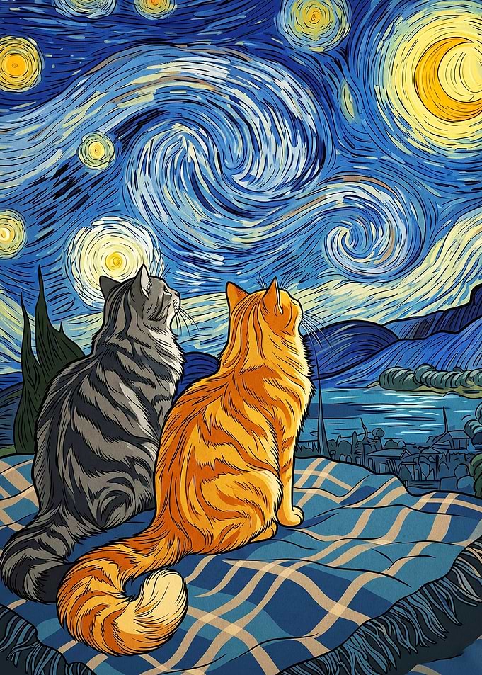 Cats Starlit Night Impasto Art