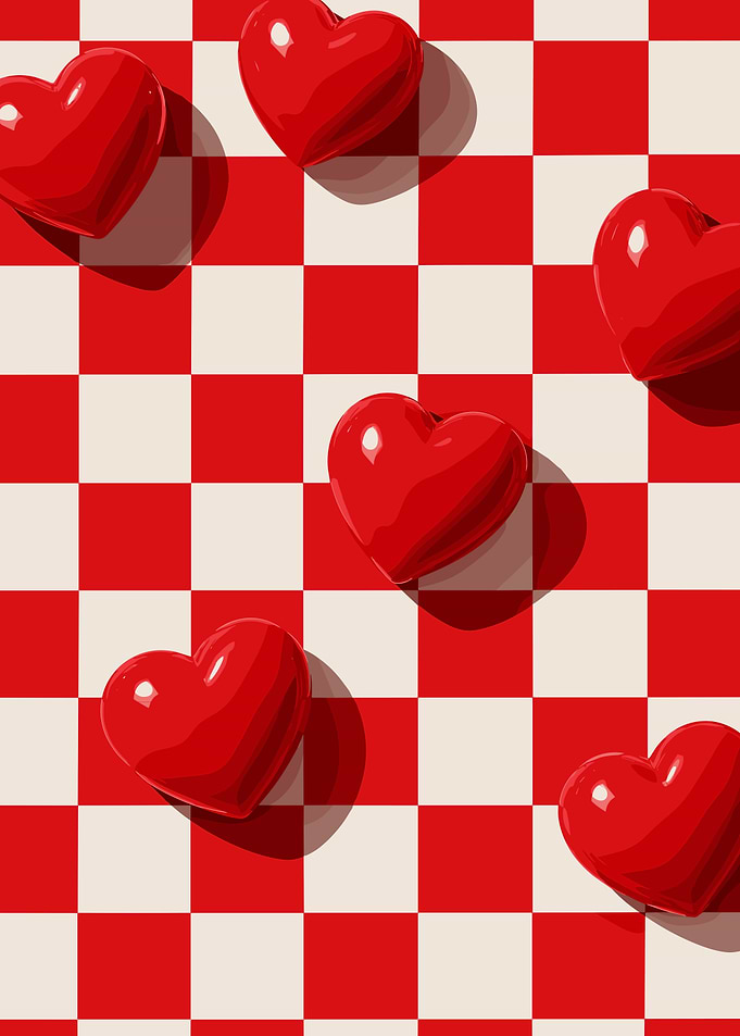 Glossy Red Hearts on Checkerboard