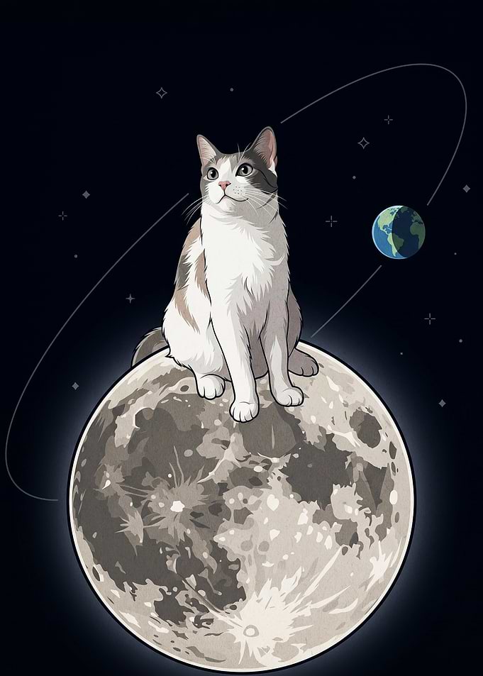 Cat Space Moon Cute Anime Poster