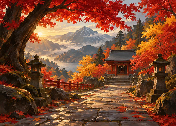 Autumn Japanese Temple Mountain Landscape