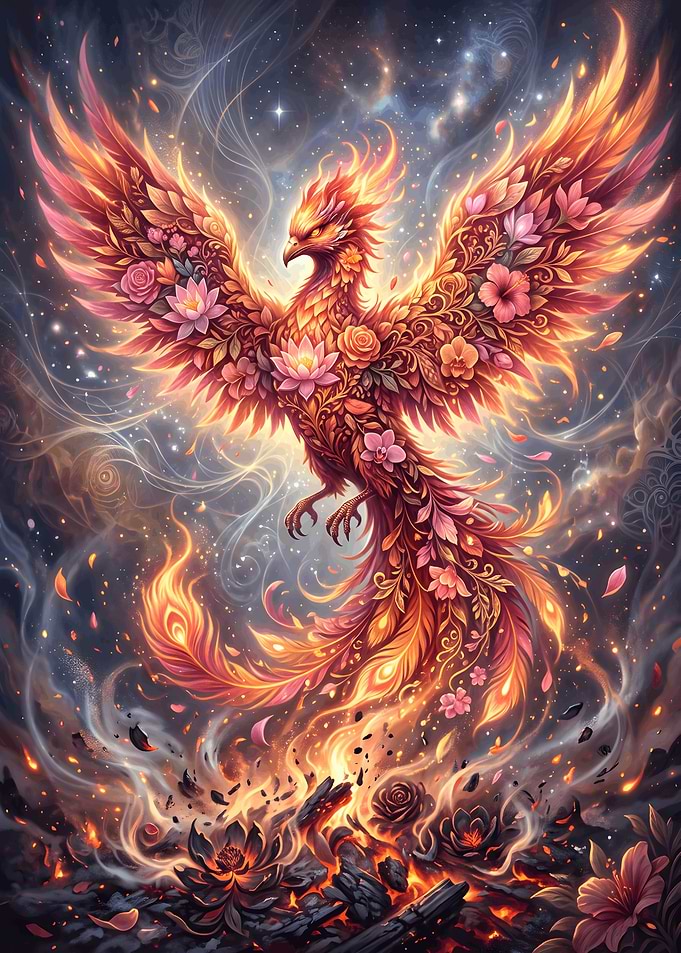 Floral Phoenix Rising from Ashes