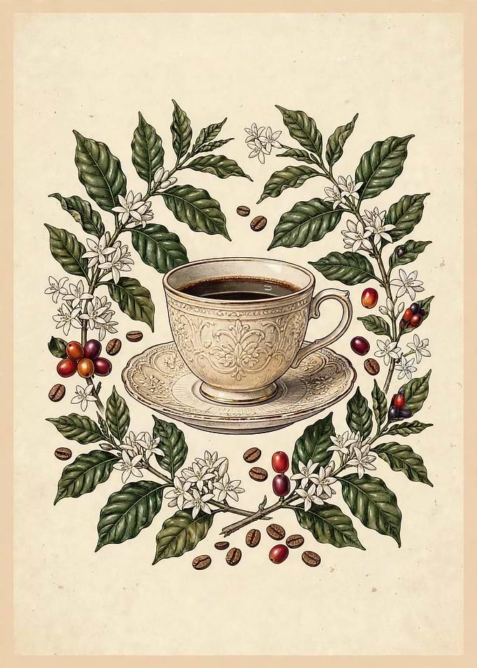 Vintage Coffee Cup Botanical Illustration