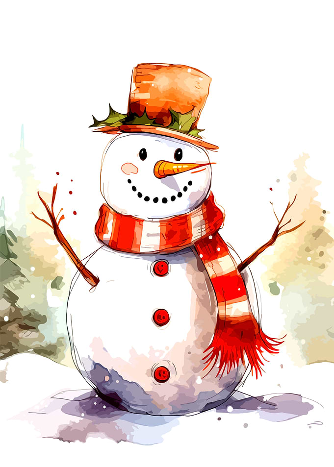 Watercolor Illustration of a Festive Snowman