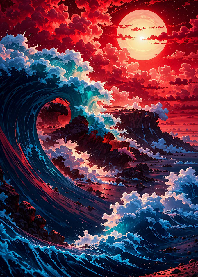 Surreal Red Moon Ocean Wave Japan