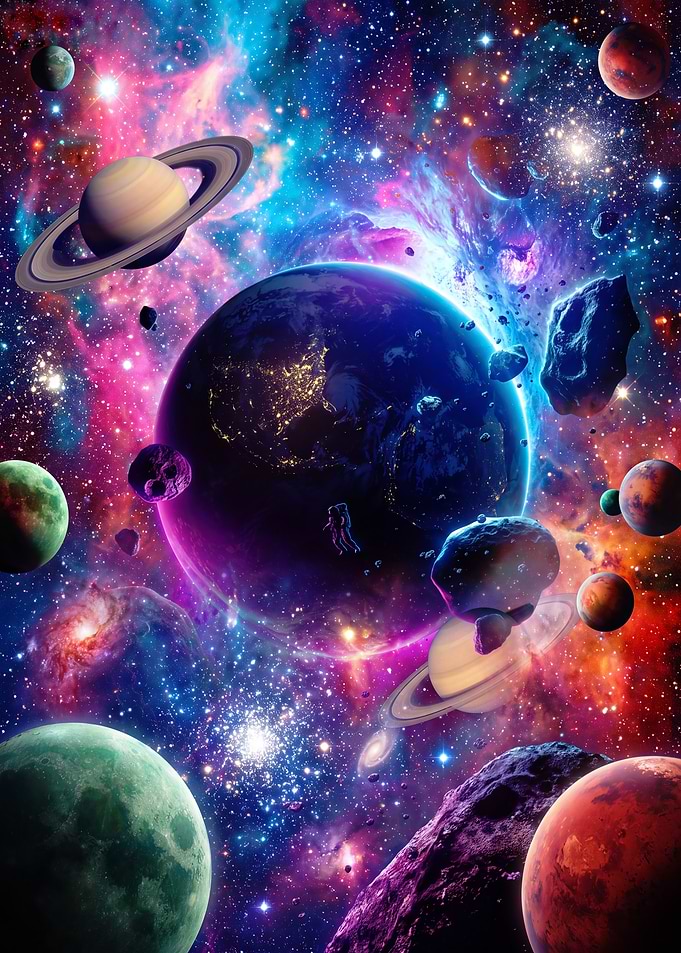 Vibrant Cosmic Space Scene with Astronaut