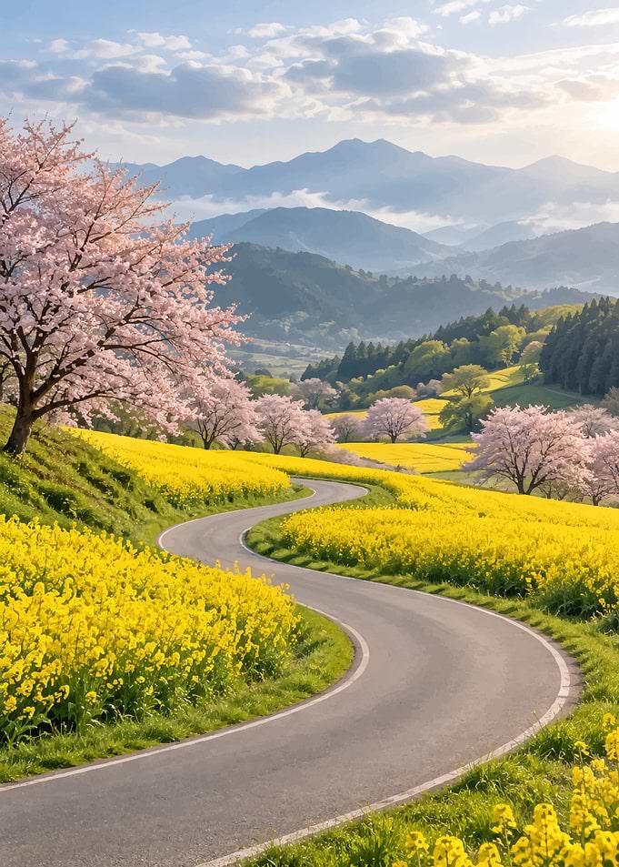 Winding Road Through Spring Blossoms