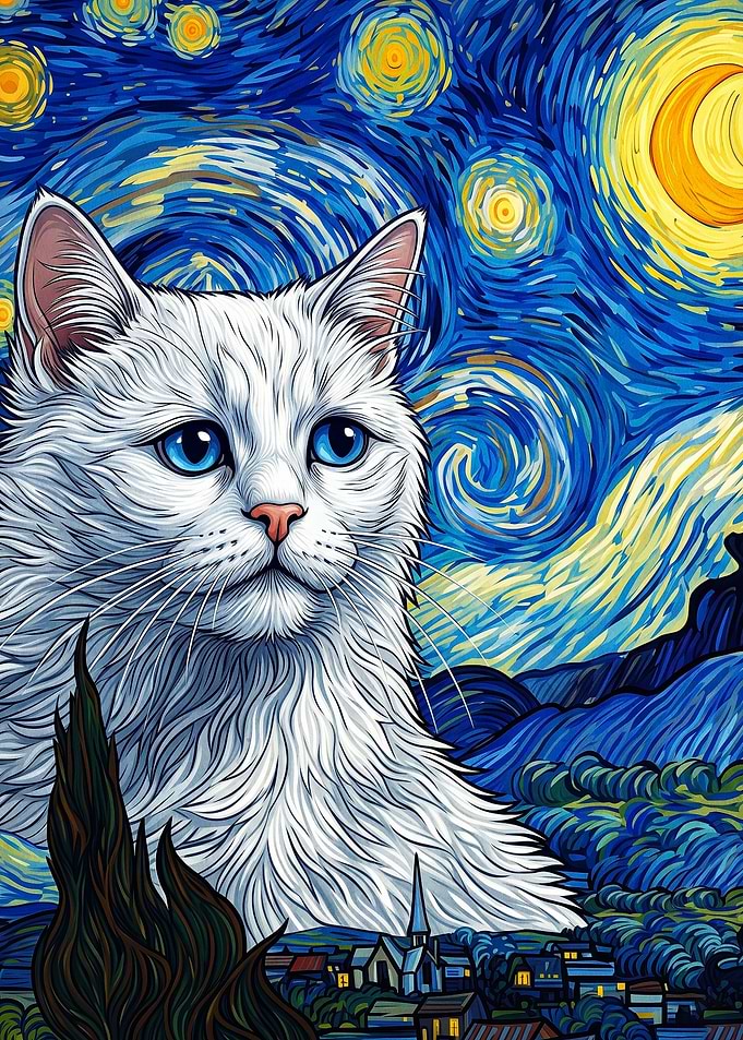 White Cat Night Sky Classic Art Pos