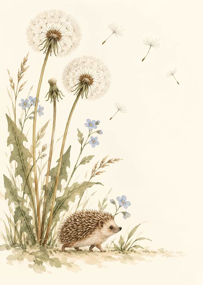 Watercolor Hedgehog with Dandelions