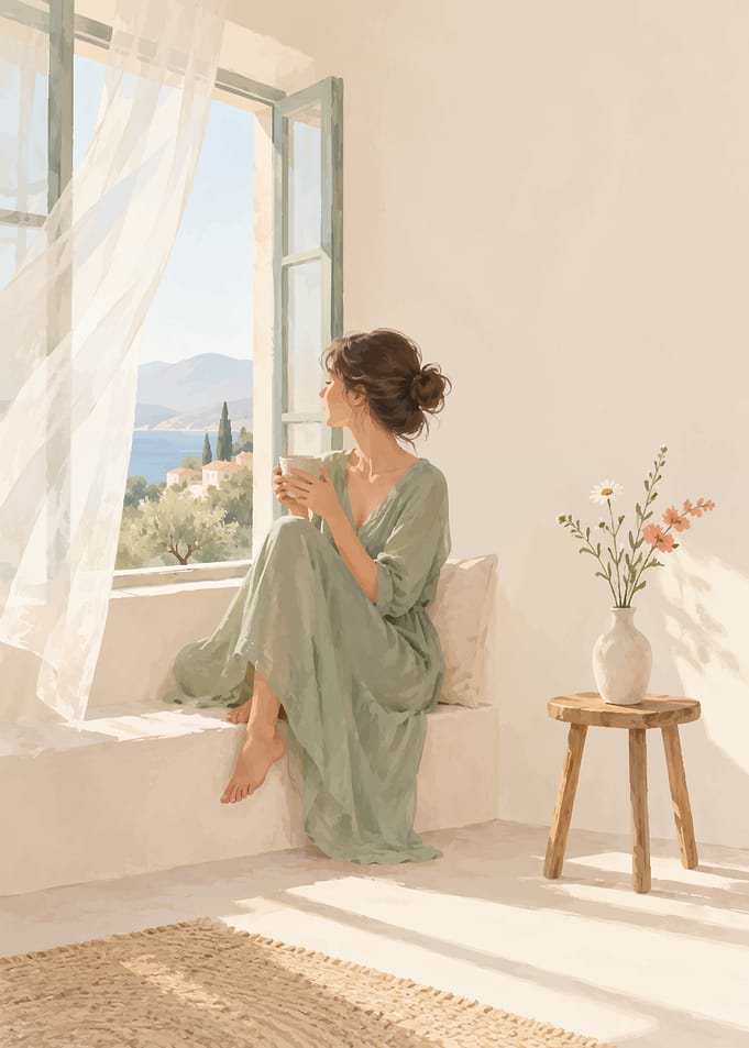 Woman in Green Dress by Window