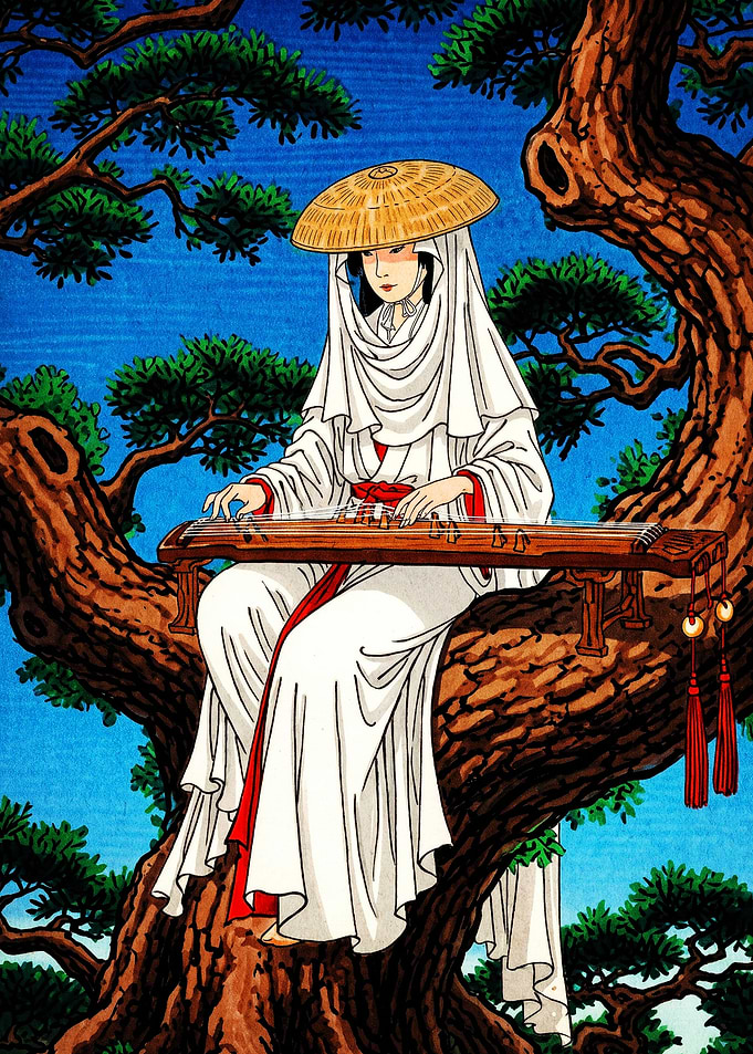 Woman Playing Koto in Pine Tree