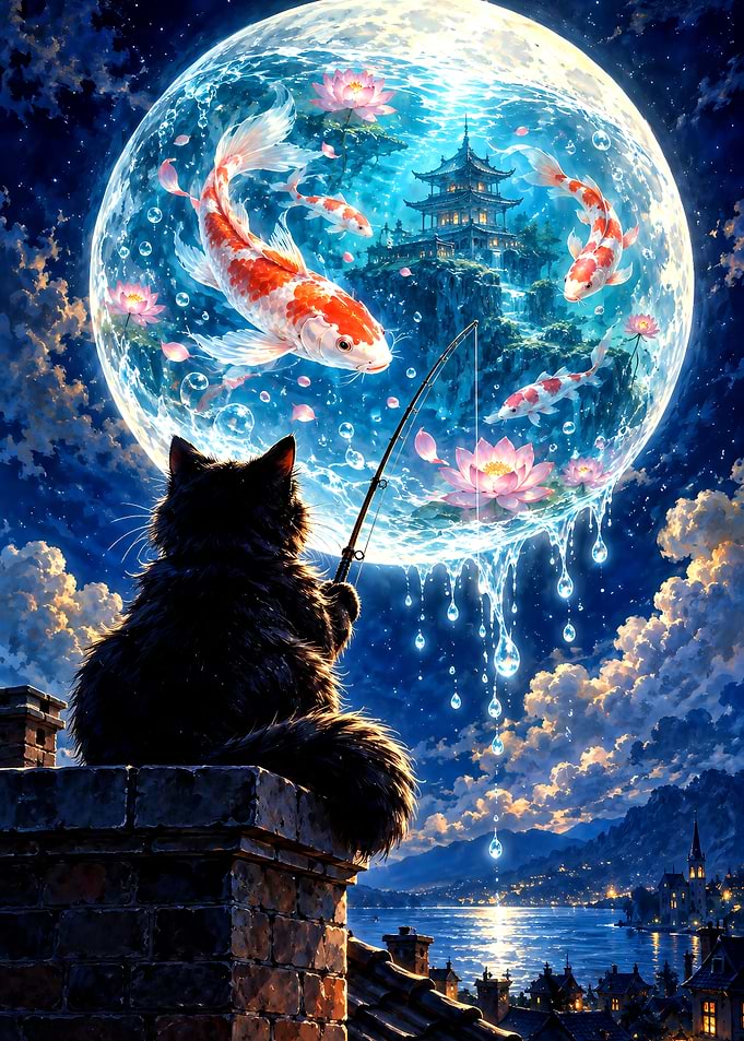 Cat Fishing for Koi in Moon