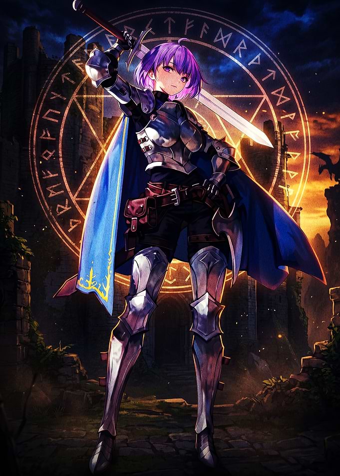 Purple-Haired Knight with Glowing Runes
