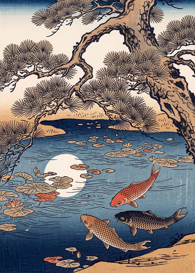 Ukiyo-e Koi Beneath the Moonlit Pine