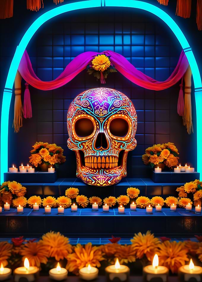 Neon Ofrenda — Día de los Muertos Calavera