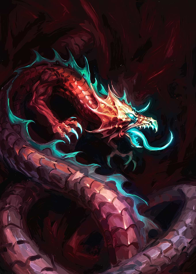 Glowing Red and Cyan Serpent Dragon