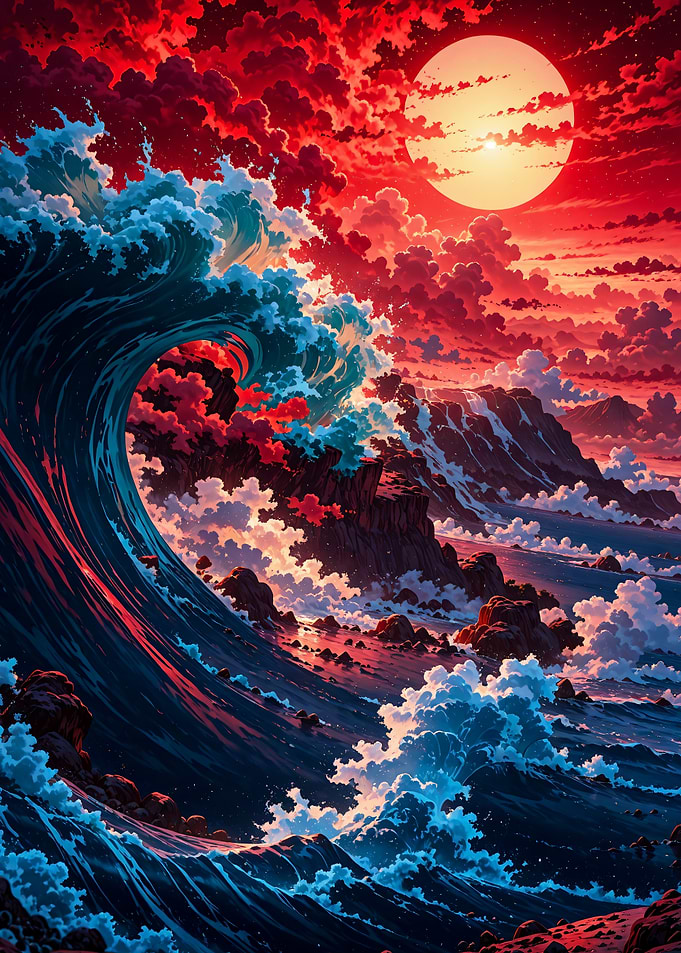 Surreal Red Moon Ocean Wave Japan