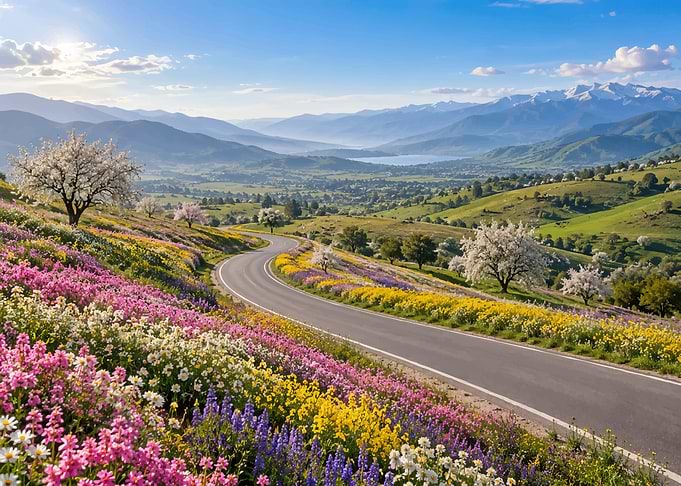 Winding Road Through Spring Wildflowers