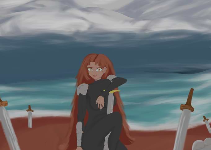 Anime Warrior Girl on Sword Beach