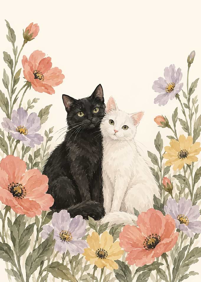 Black and White Cats in Flowers