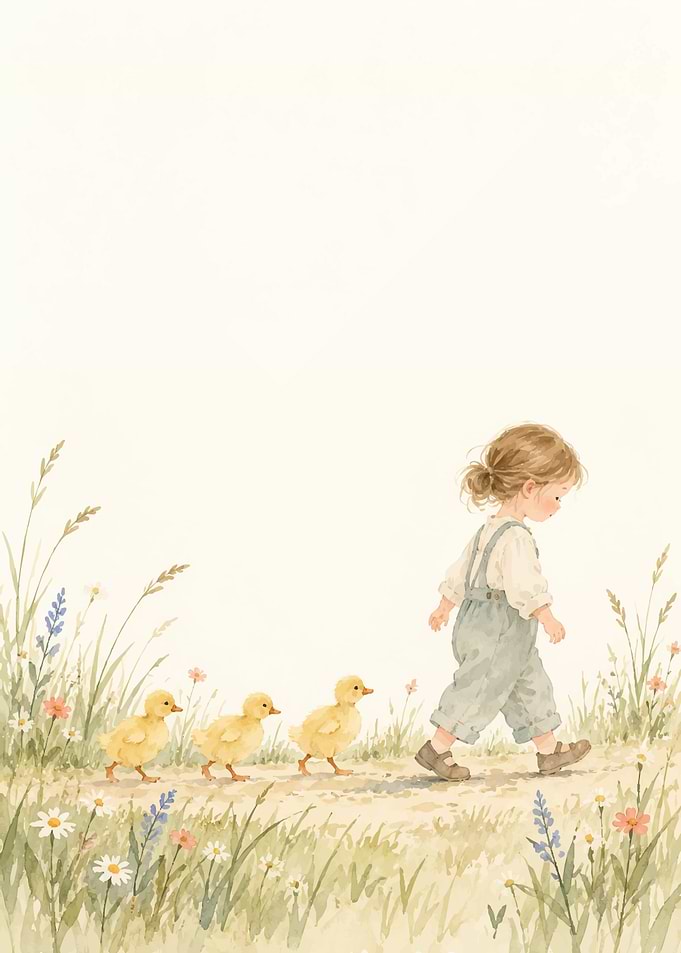 Little Girl Walking with Ducklings