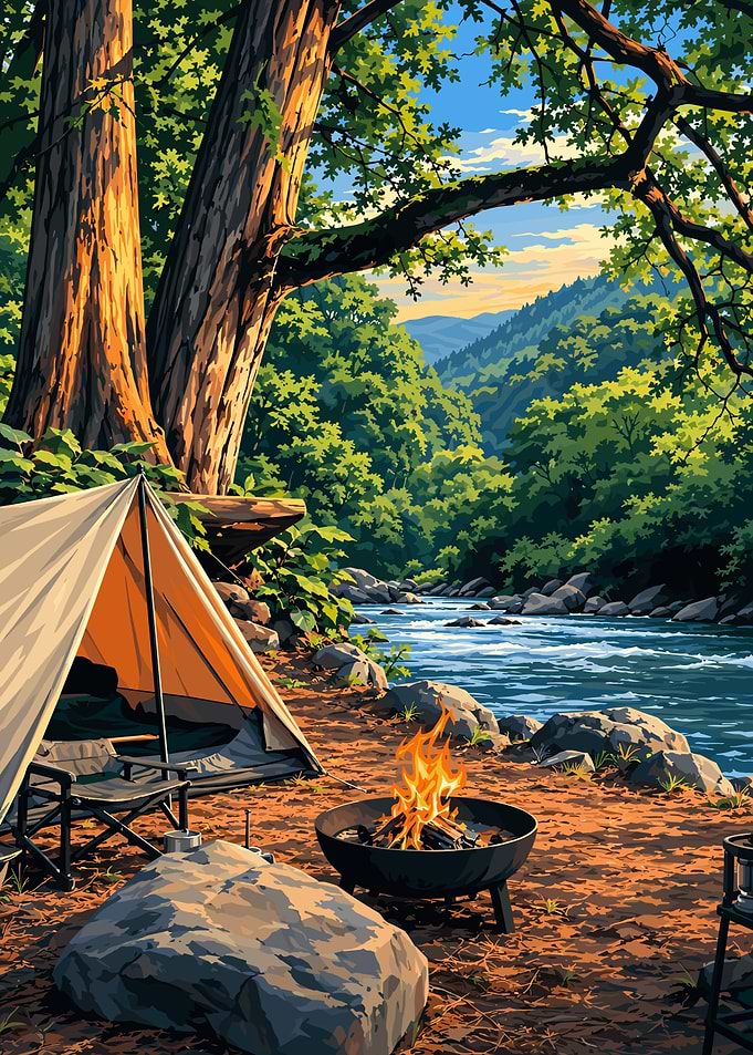 Serene Riverside Camping Scene
