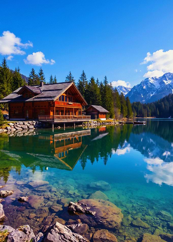 Wooden Cabin by Alpine Lake