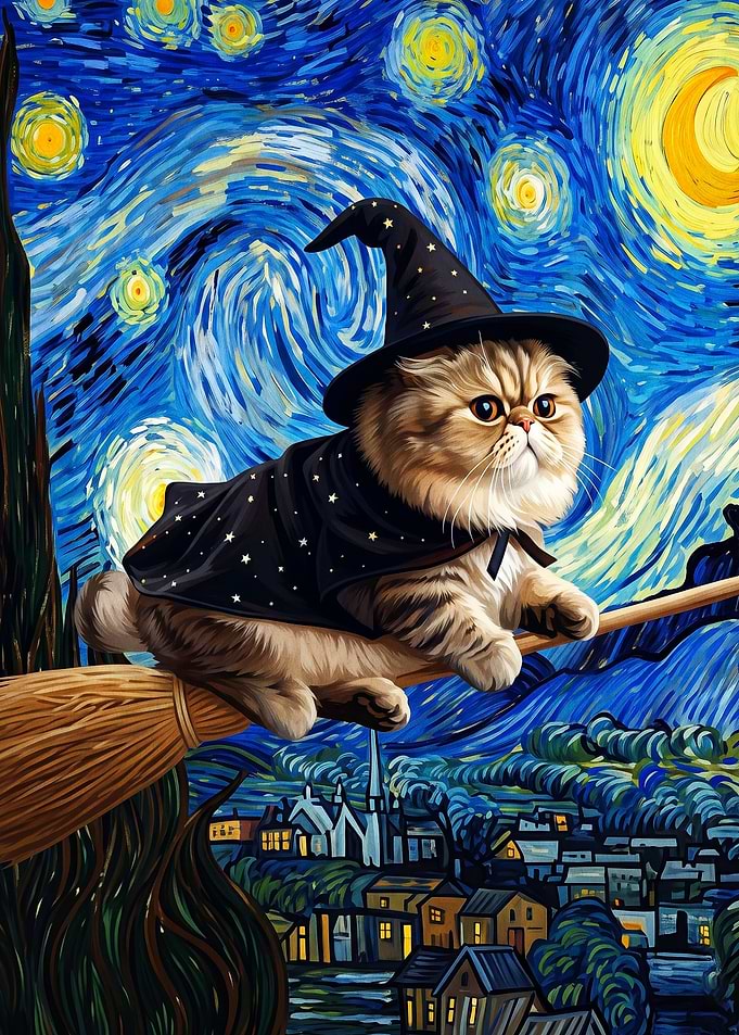 Cat Witch Broom Starry Night Art