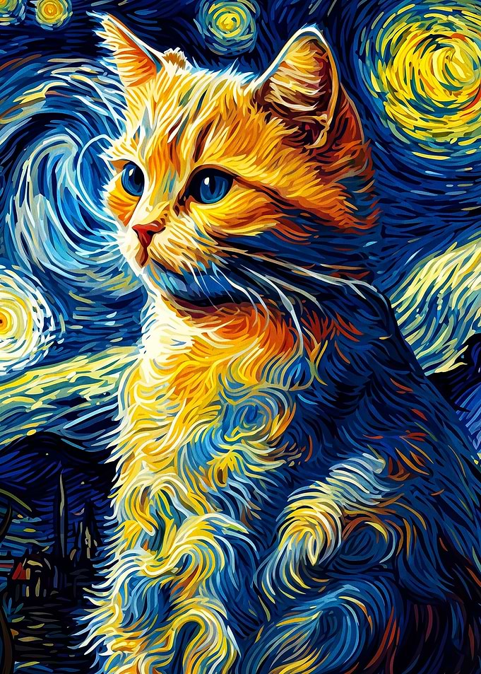 Cat Starry Night Oil Painting Poste