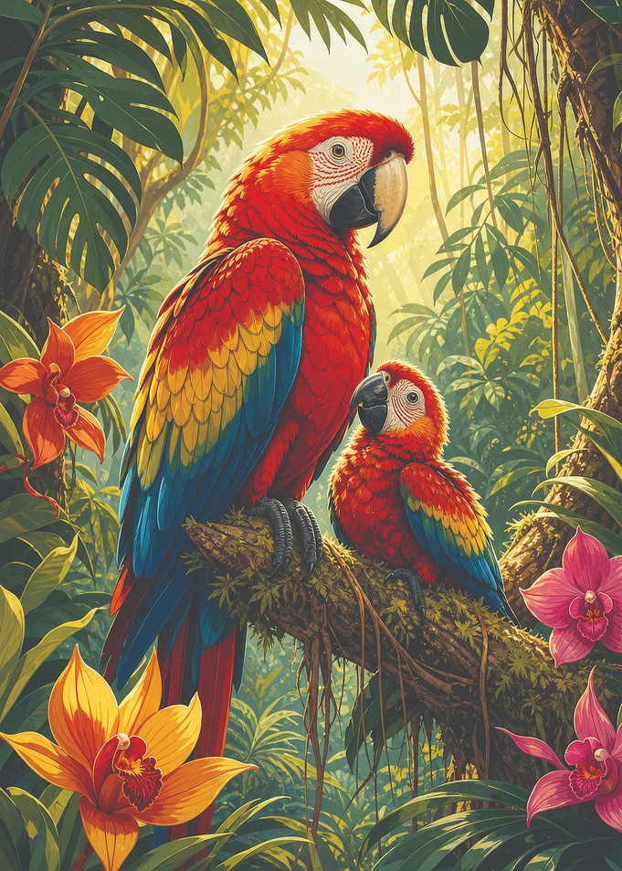 Two Macaws in Tropical Jungle
