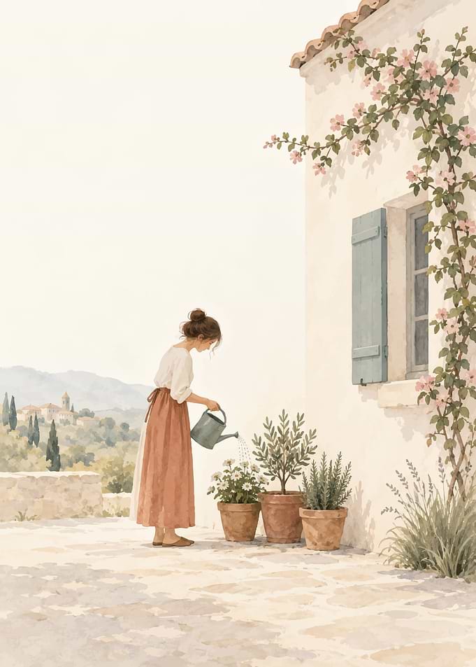 Woman Watering Plants in Mediterranean Garden
