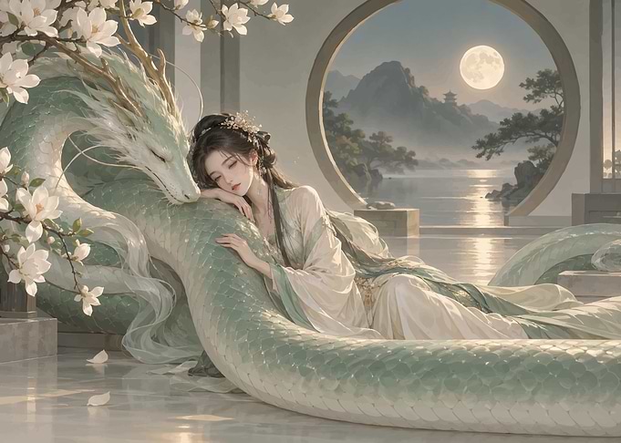 Woman Resting with Mythical Green Dragon