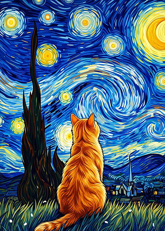Cat Starry Night Impasto Poster