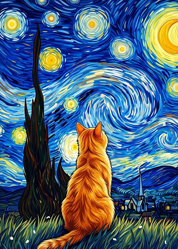 Cat Starry Night Impasto Poster