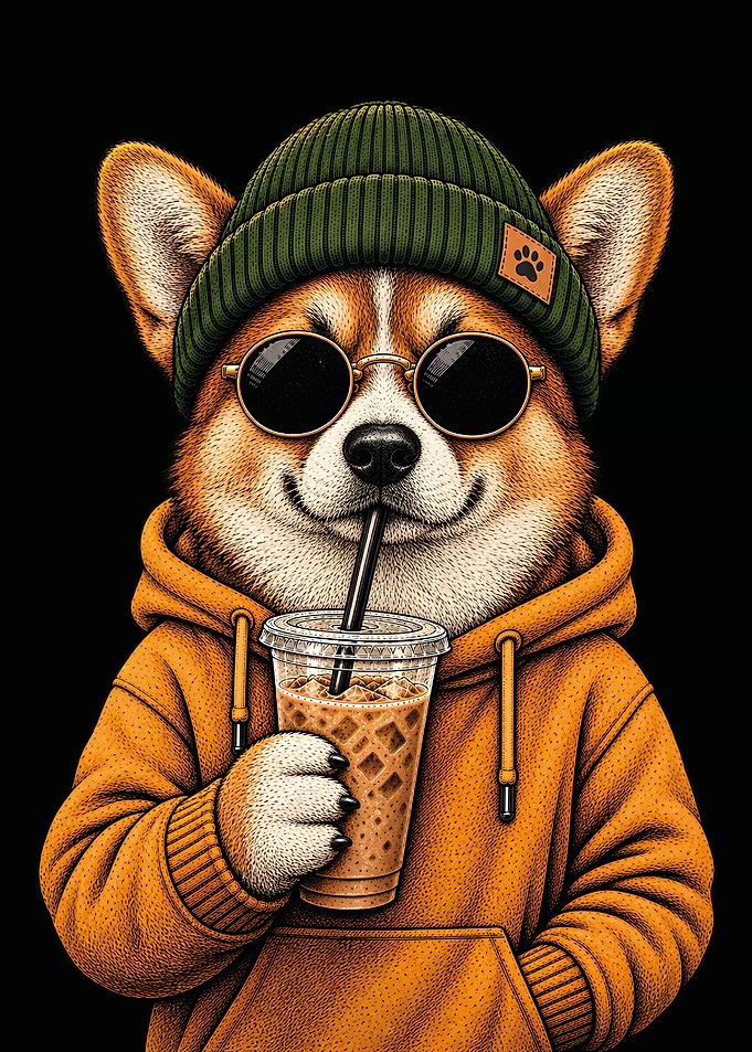 Cool Corgi Drinking Iced Coffee