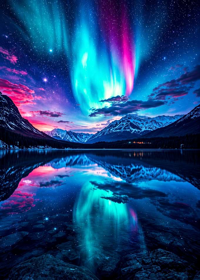 Vibrant Aurora Borealis Over Mountain Lake