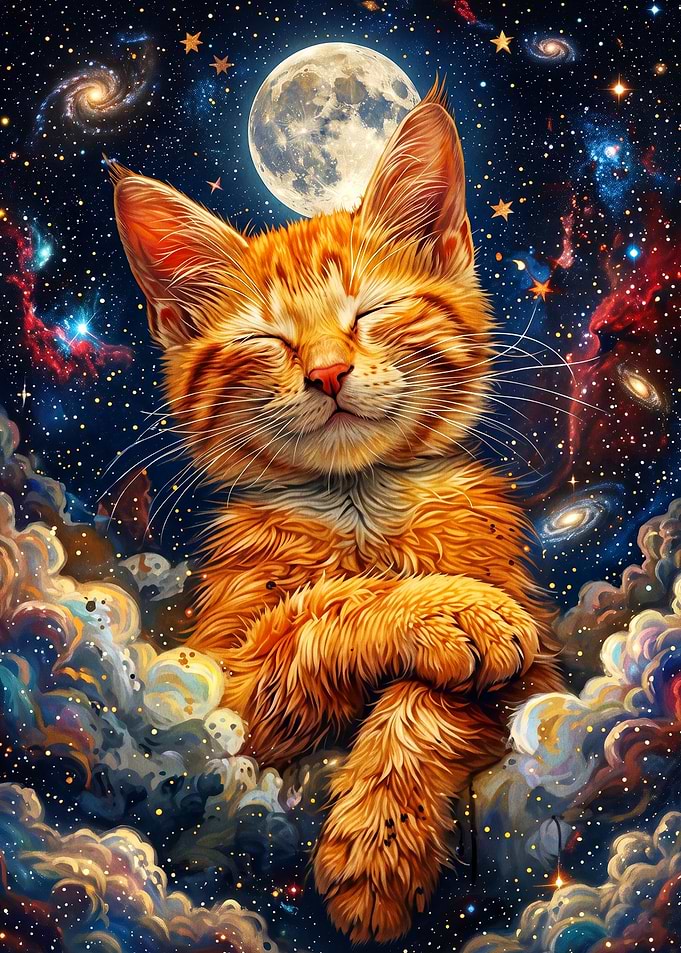 Cosmic Cat Galaxy Moon Space Art