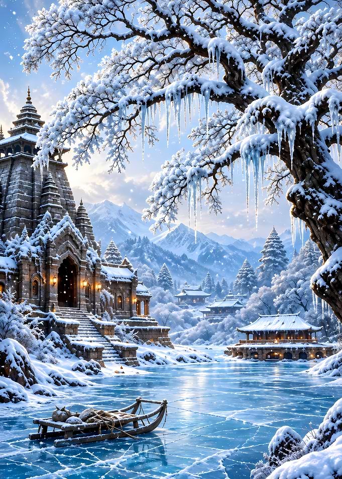 Winter Temple on Frozen Lake