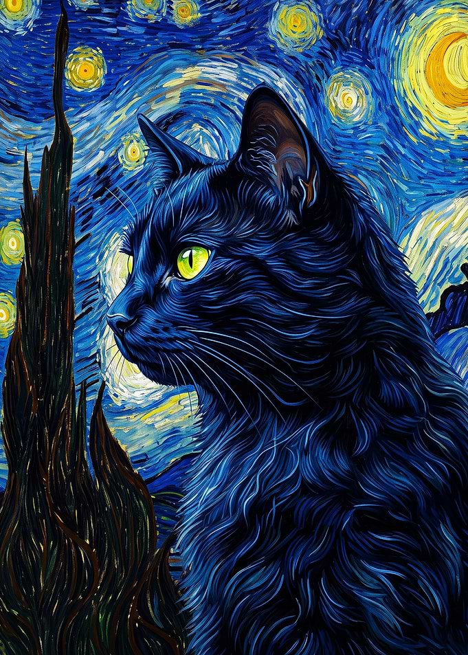 Black Cat Starry Night Oil Art