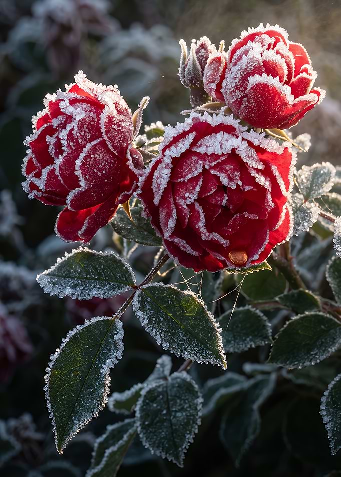 Frost-Covered Red Roses in Winter