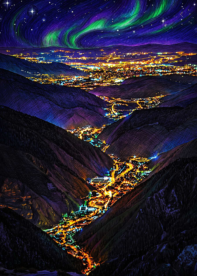 Aurora Borealis Over Mountain Valley Town