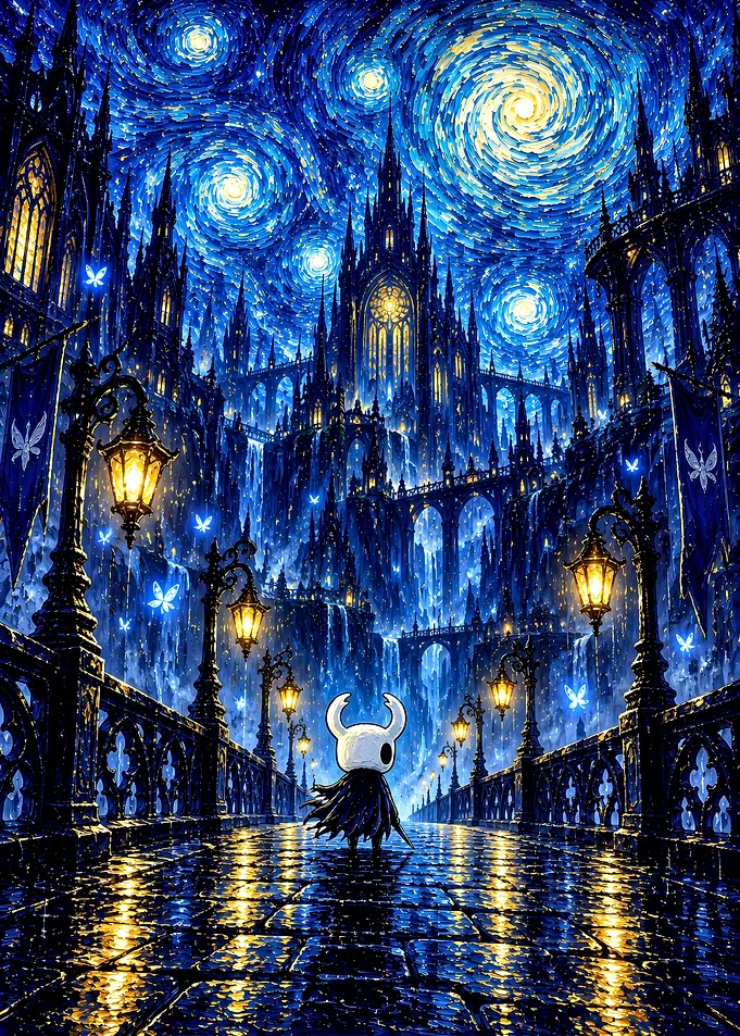 Hollow Knight in Starry Cityscape