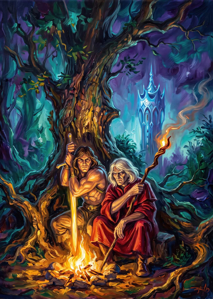 Fantasy Warriors Resting by Campfire