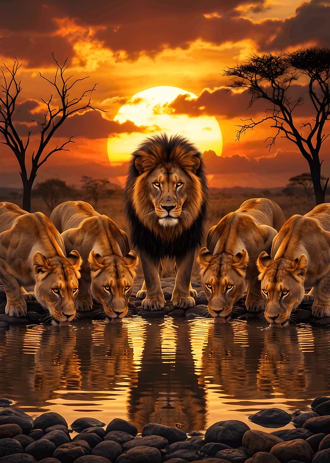 Lion Pride Drinking at Sunset
