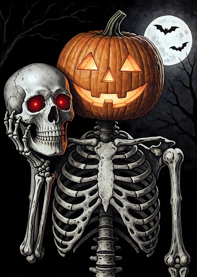 Skeleton with Jack-o'-lantern Head